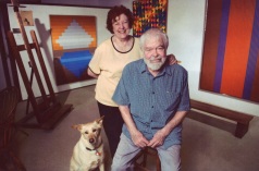Beverly and Karl Benjamin with Mischa in the studio in Claremont CA c 2000_photo courtesy Louis Stern Fine Arts