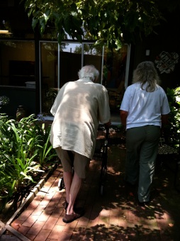 Karl and daughter Beth Benjamin walk to studio in Claremont CA 2011. Photo by Jill Thayer PhD